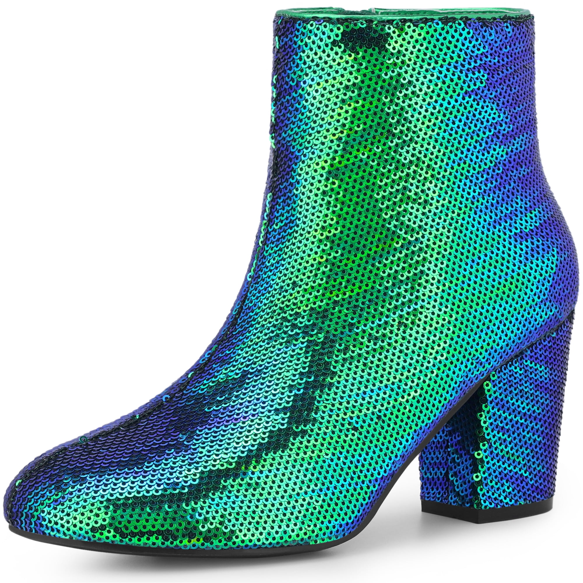 DARING DIVA Round Toe Block Heels Sequin Ankle Boots Green 8