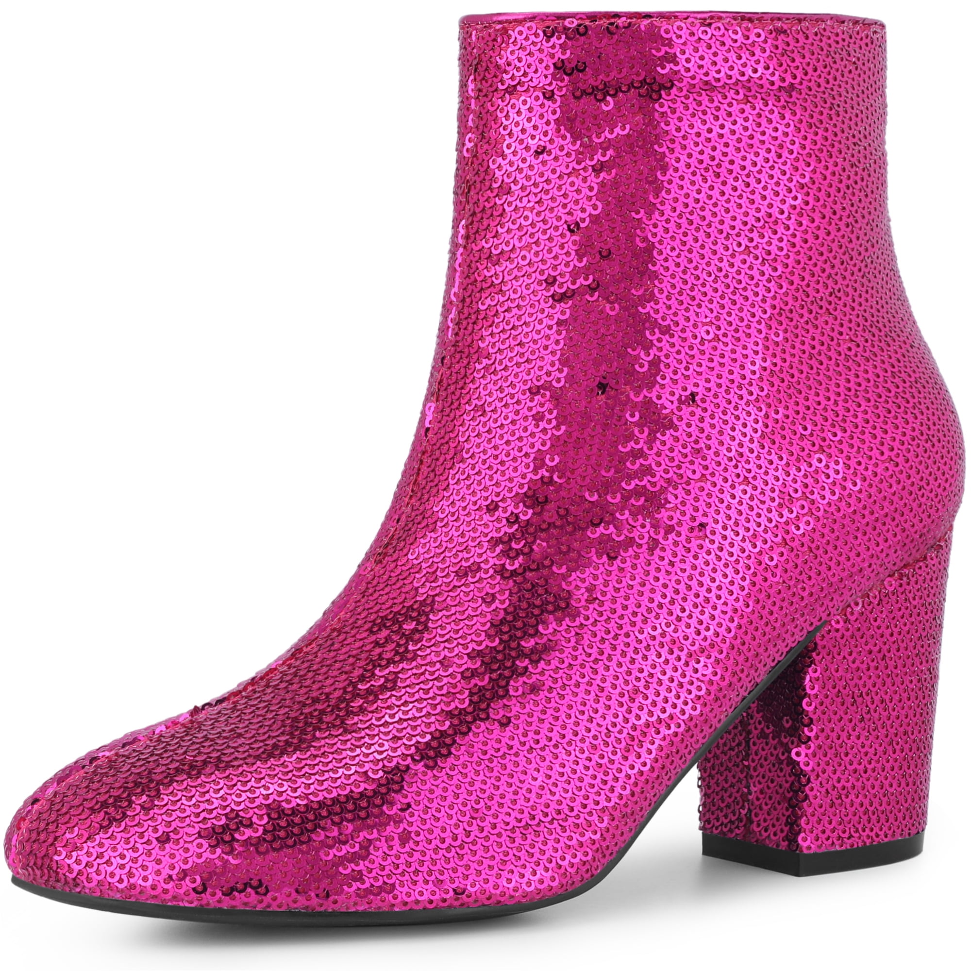 DARING DIVA Round Toe Block Heels Sequin Ankle Boots Hot Pink 9