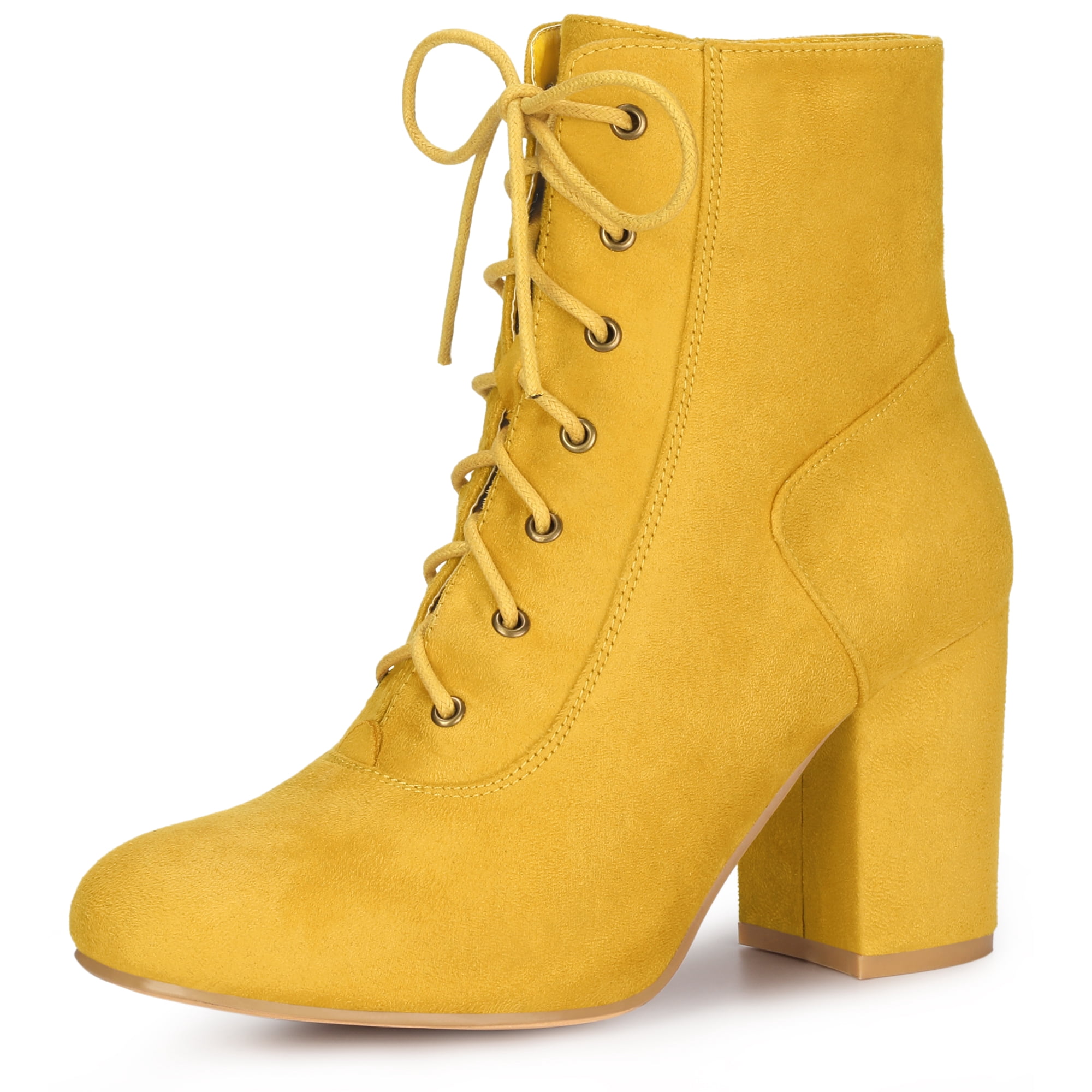 DARING DIVA Round Toe Lace Up Boots Chunky Heels Yellow 10