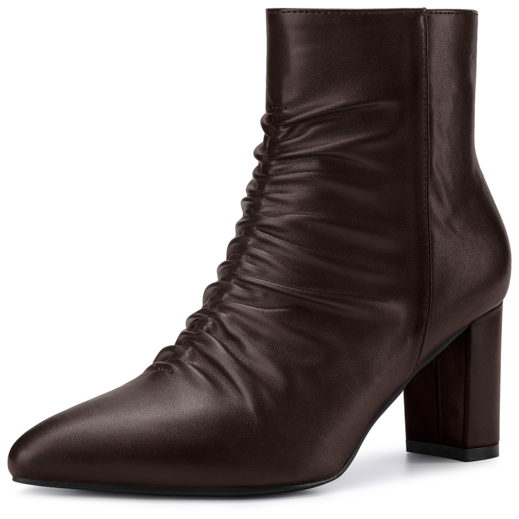 DARING DIVA Ruched Dress Boots Pointed Toe Chunky Heels Ankle Boots Coffee 9