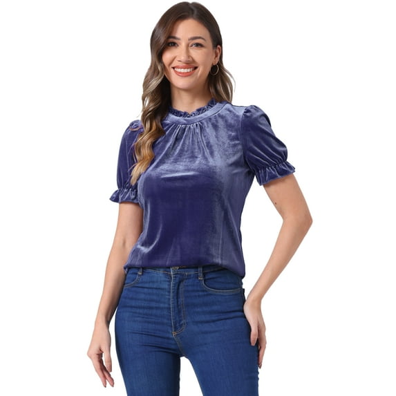 DARING DIVA Ruffle Collar Short Sleeve Velvet Blouse M Dusty Purple Blue