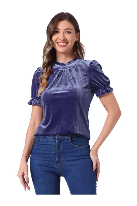 Ruffle Collar Short Sleeve Velvet Blouse S Dusty Purple Blue