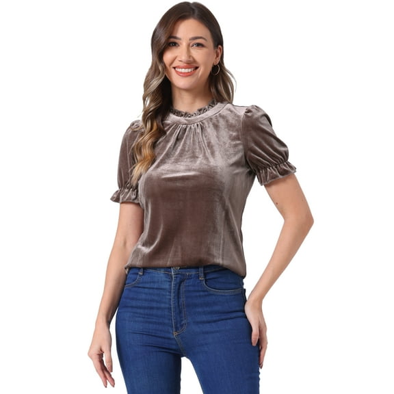 DARING DIVA Ruffle Collar Short Sleeve Velvet Blouse S Light Brown