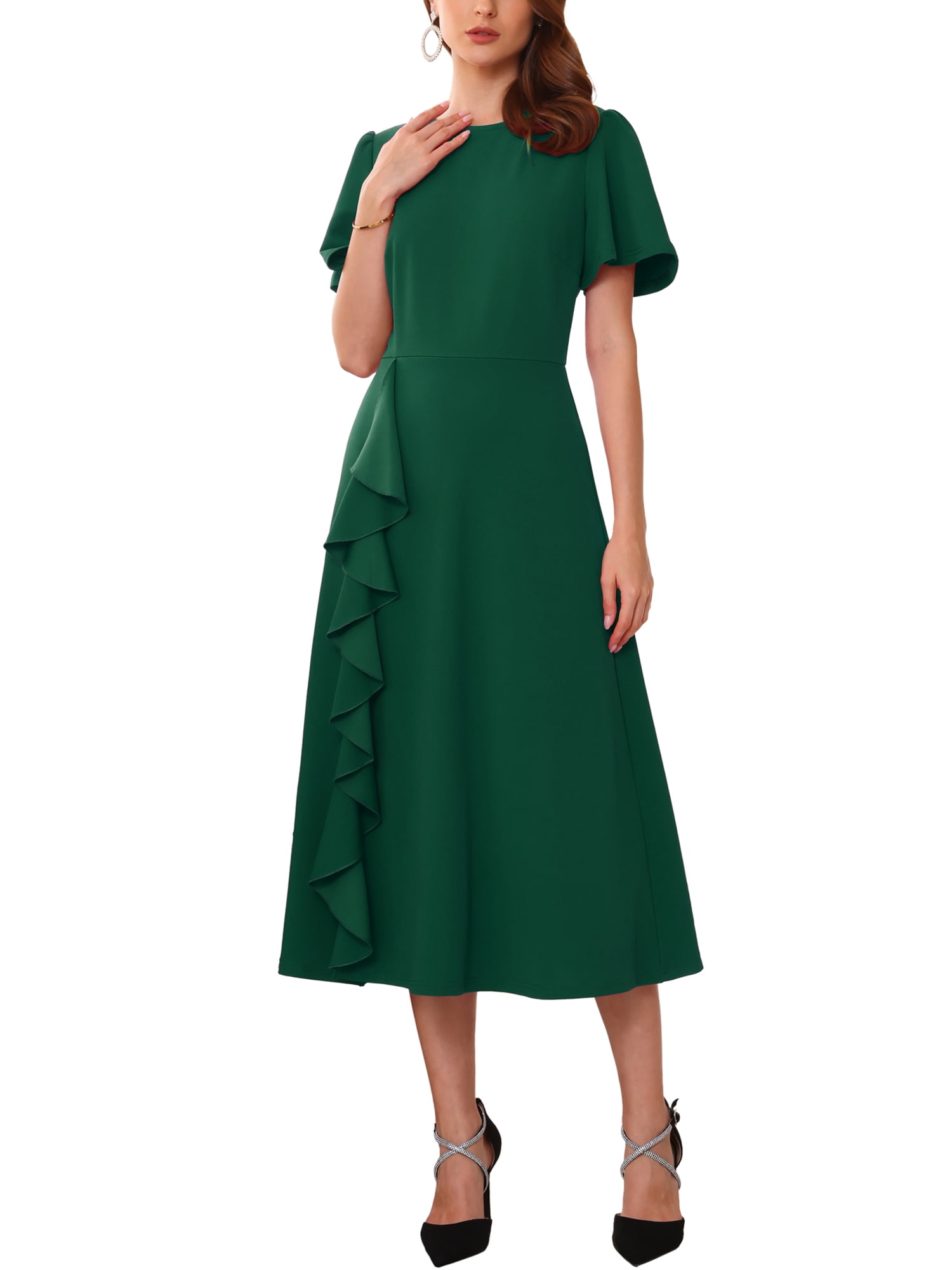 DARING DIVA Women's Ruffle Crew Neck Short Sleeve Formal Cocktail Dress S Dark Green
