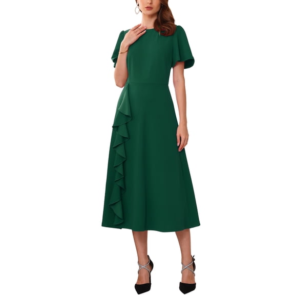 DARING DIVA Ruffle Crew Neck Short Sleeve Cocktail Midi Dress S Dark Green