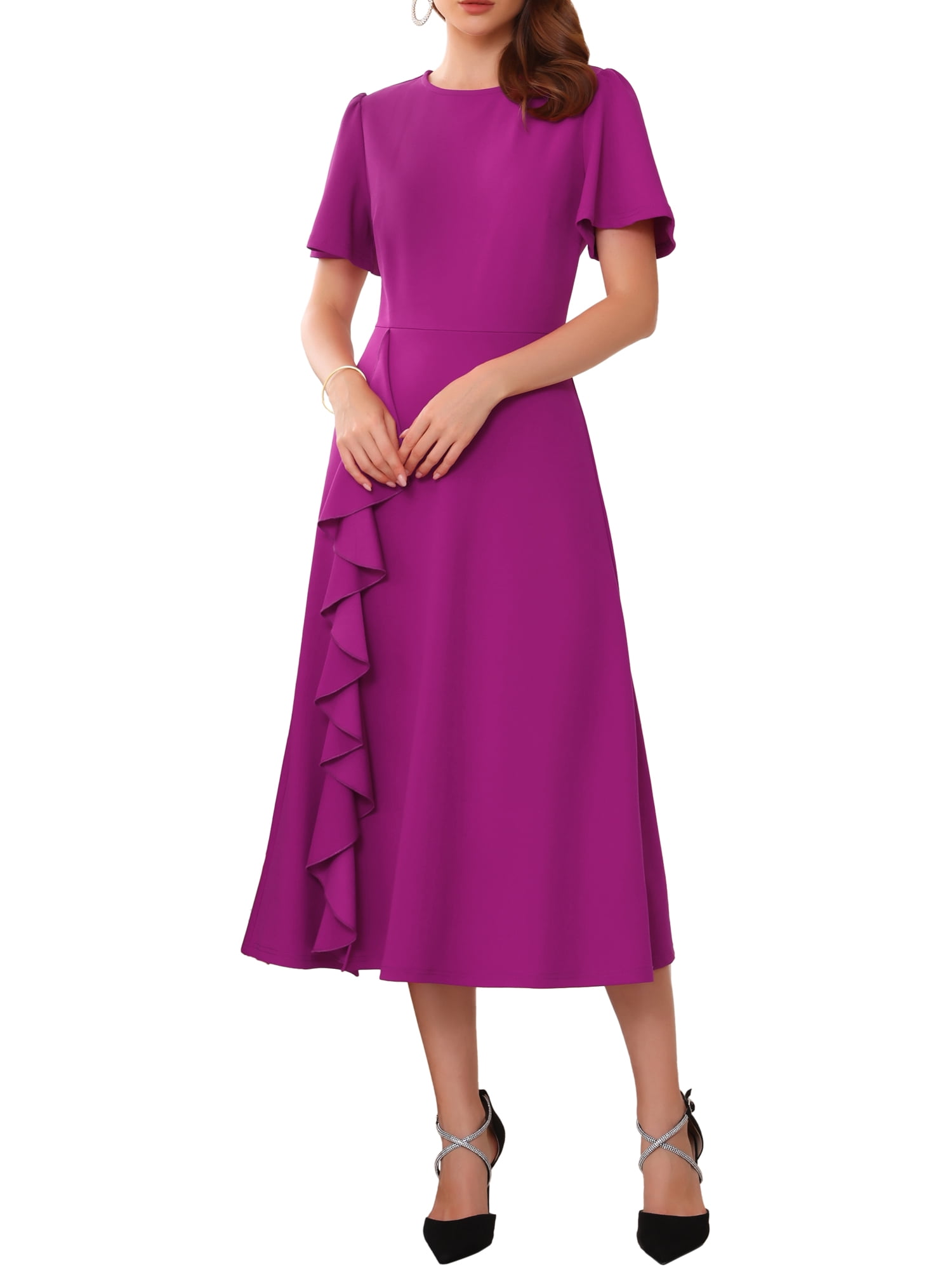 DARING DIVA Women's Ruffle Crew Neck Short Sleeve Formal Cocktail Dress S Purple
