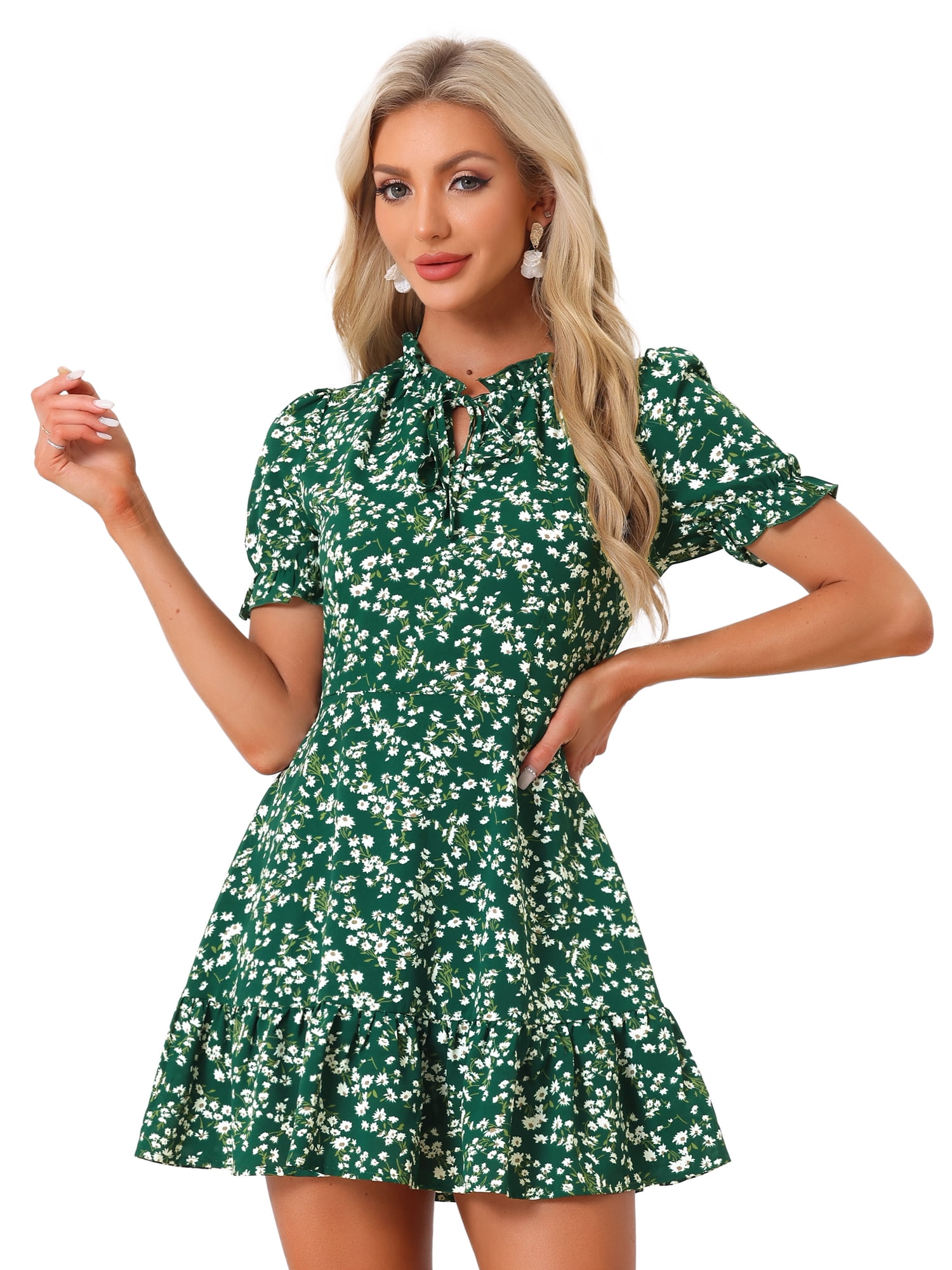 DARING DIVA Ruffle Floral Bow Tie Chiffon Puff Fit & Flare Dress M Green White