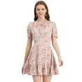thumbnail image 1 of DARING DIVA Ruffle Floral Bow Tie Chiffon Puff Fit & Flare Dress S Pink-White, 1 of 6