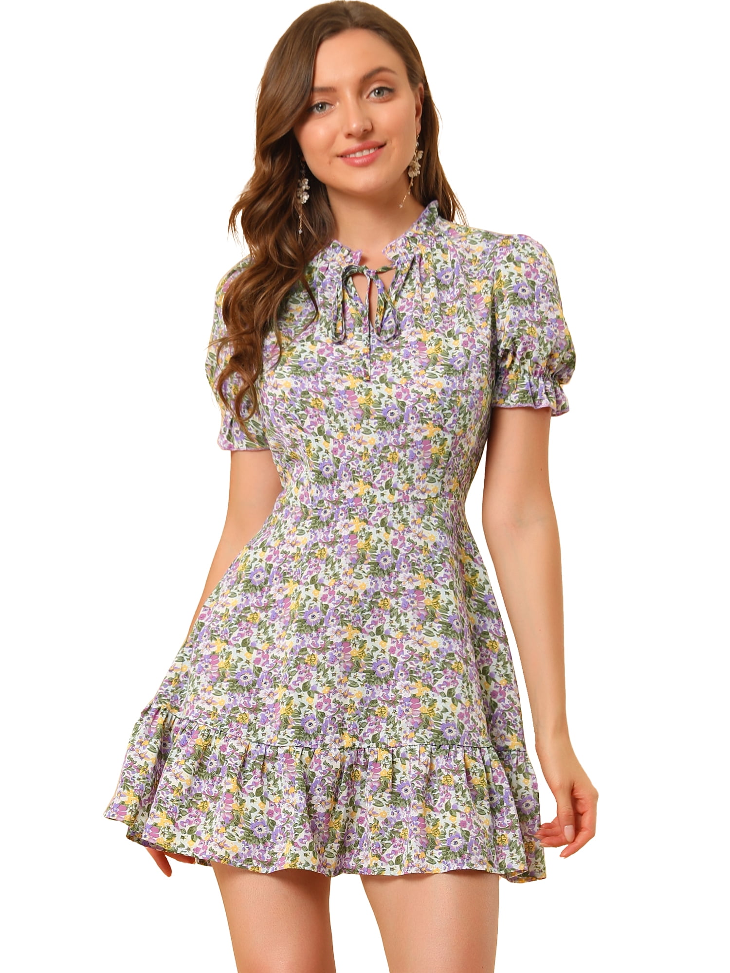 DARING DIVA Ruffle Floral Bow Tie Chiffon Puff Fit & Flare Dress XS Purple