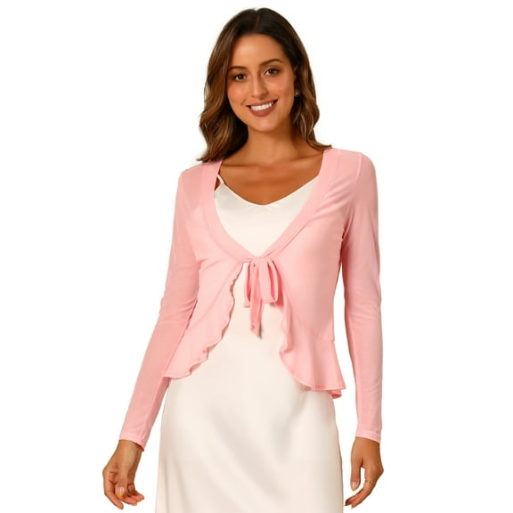 DARING DIVA Ruffle Long Sleeves Casual Self Tie Mesh Shrugs L Pink