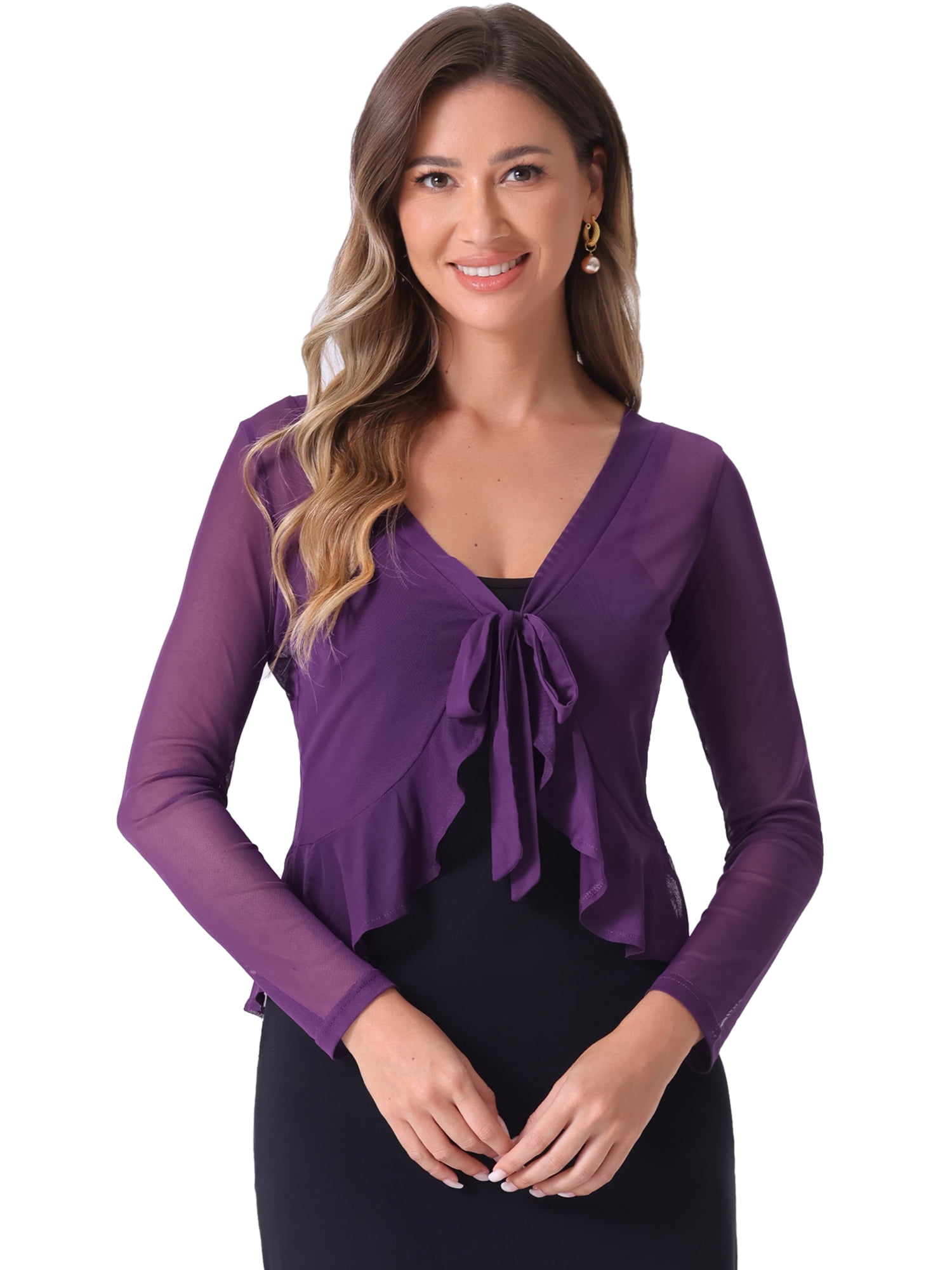 DARING DIVA Women's Ruffle Mesh Shrug Long Sleeves Self Tie Casual Bolero Cardigan S Purple