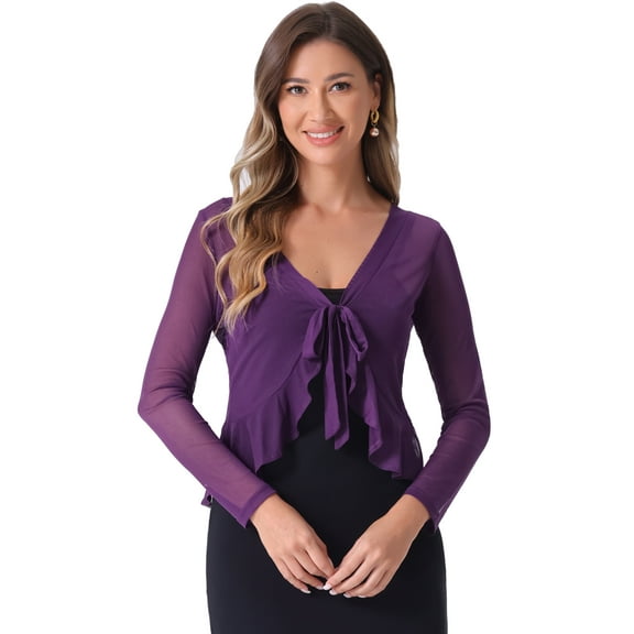 DARING DIVA Ruffle Long Sleeves Casual Self Tie Mesh Shrugs XS Purple