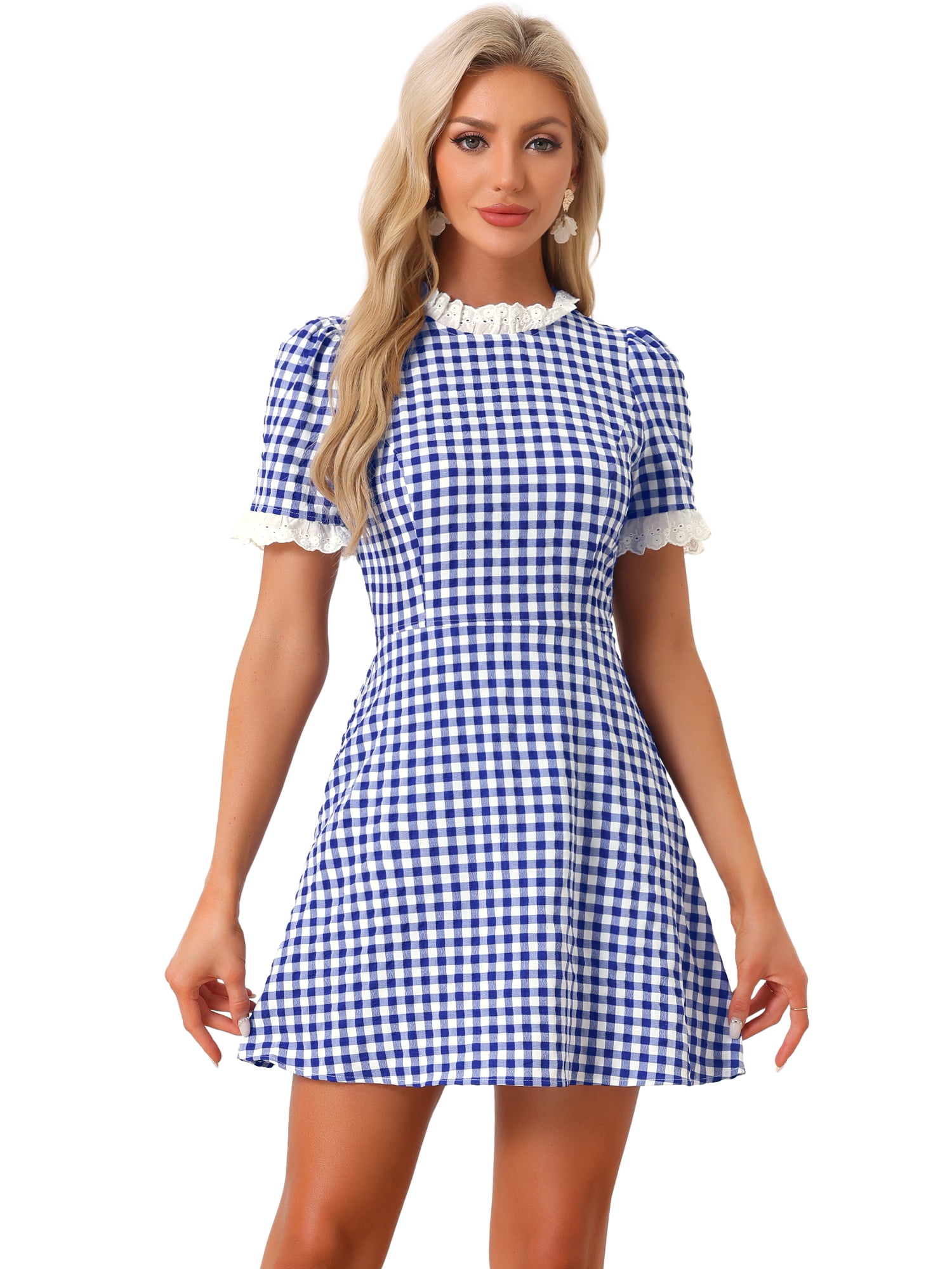 DARING DIVA Ruffle Neck Contrast Panel Color Vintage Dresses L Blue White