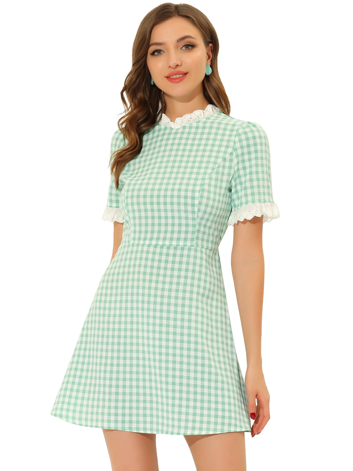 DARING DIVA Ruffle Neck Contrast Panel Color Vintage Dresses L Green
