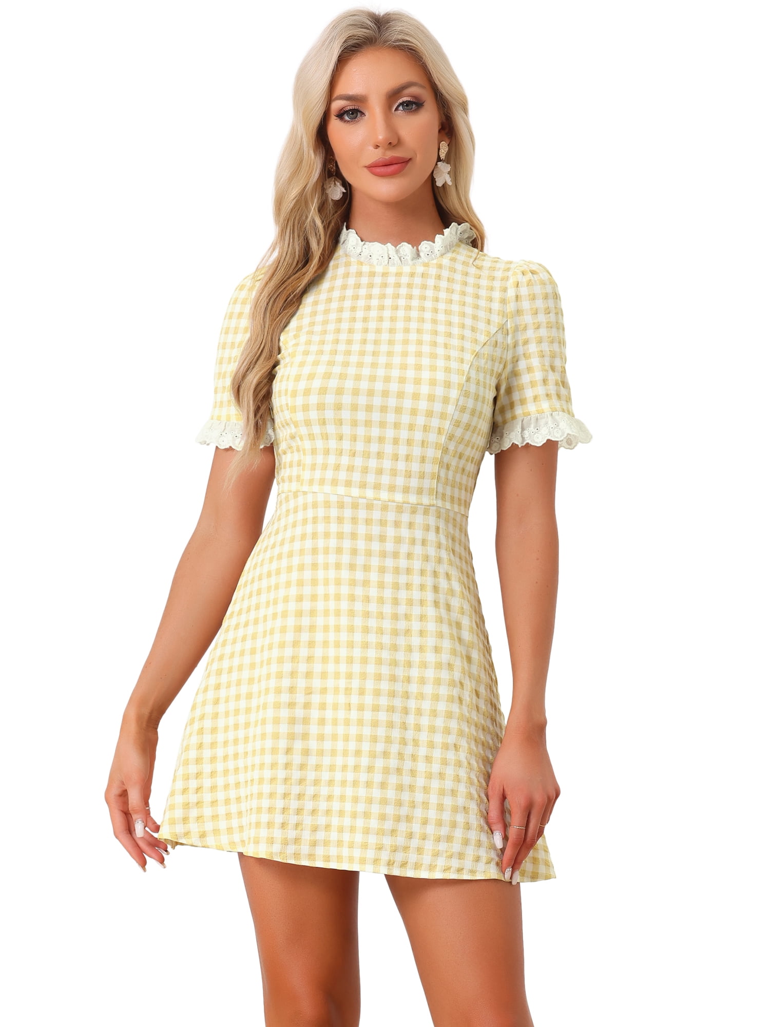 DARING DIVA Ruffle Neck Contrast Panel Color Vintage Dresses M Yellow White