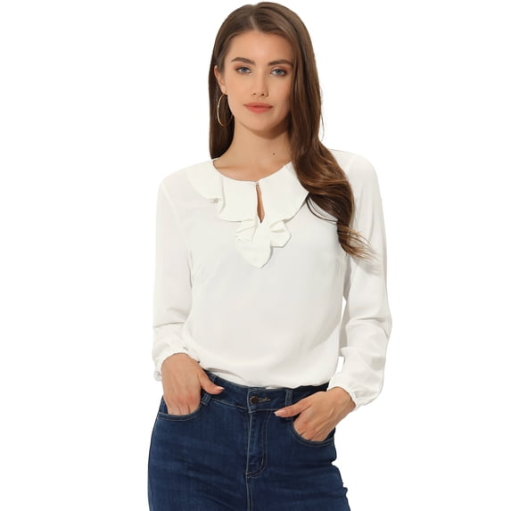 DARING DIVA Ruffle Neck Polka Dots Blouse Shirt XS White-Solid