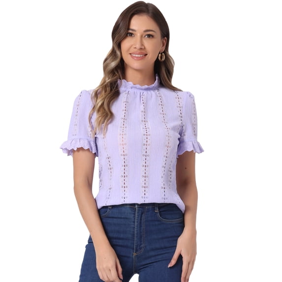 DARING DIVA Ruffle Puff Short Sleeve Crochet Eyelet Blouse M Light Purple