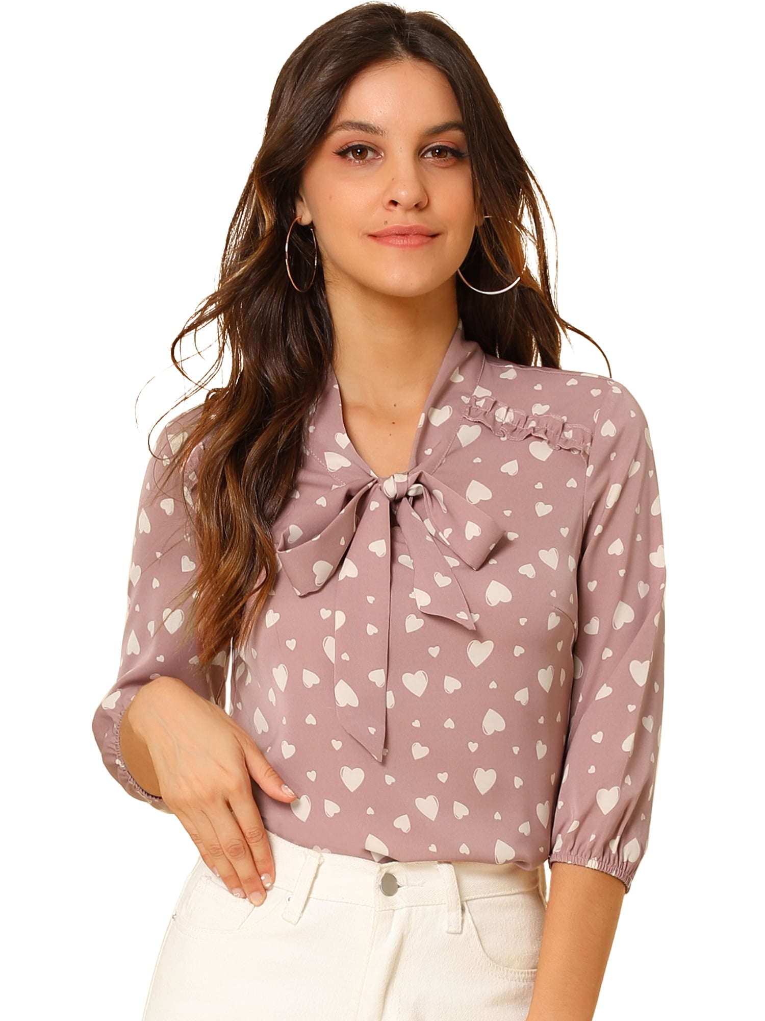 DARING DIVA Ruffle Shoulder Elastic Cuff Bow Tie Neck Blouse L Dusty Pink