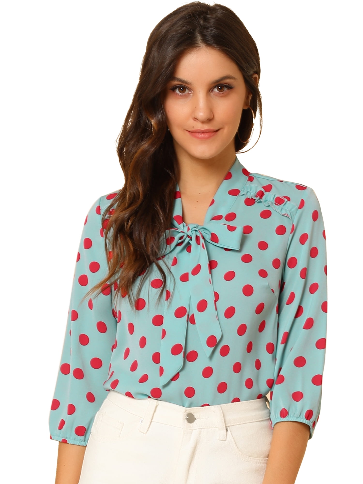DARING DIVA Ruffle Shoulder Elastic Cuff Bow Tie Neck Blouse S Lake Blue