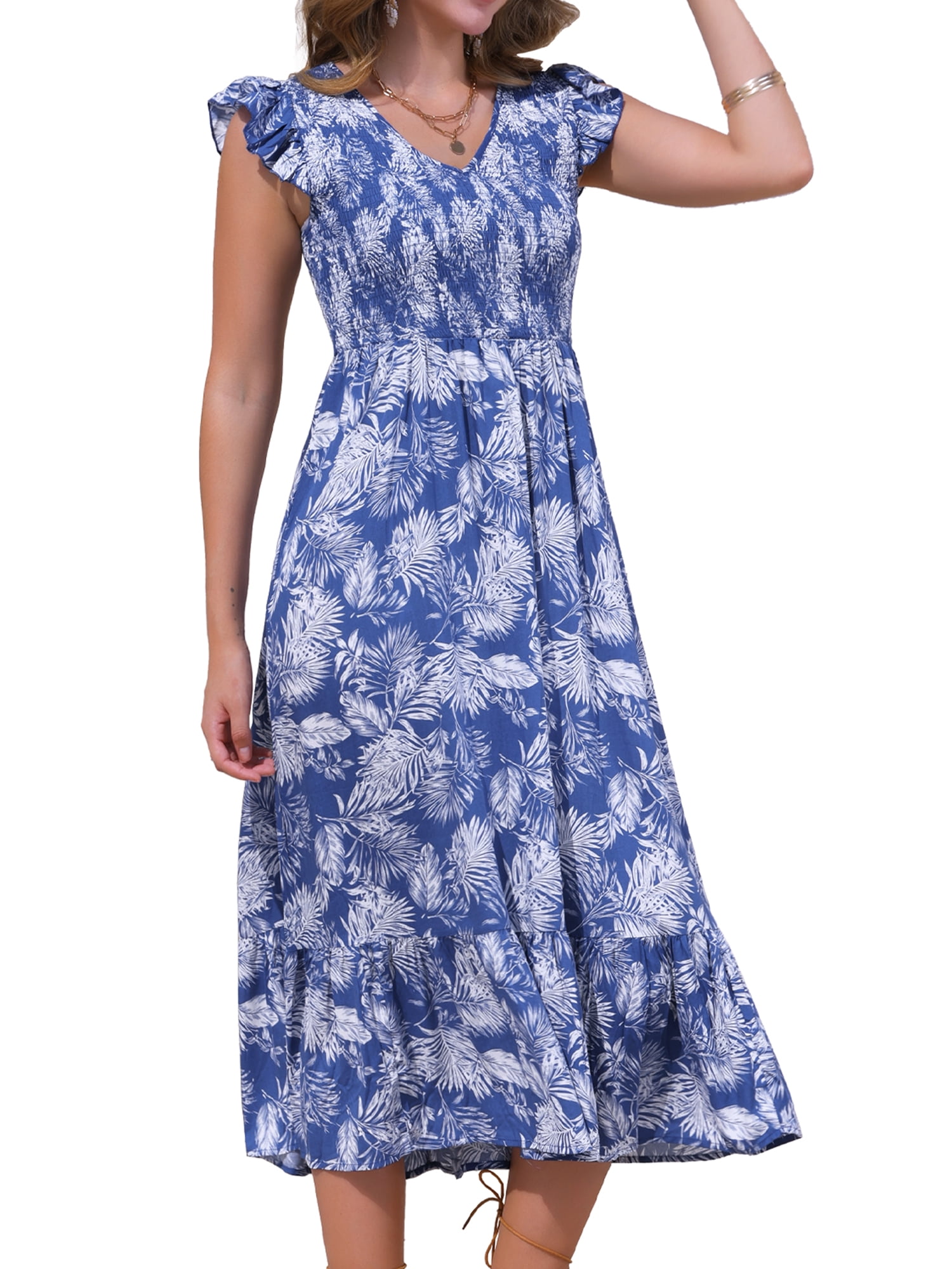 DARING DIVA Ruffle Sleeve V Neck Short Sleeve Printed Casual Midi Dress L Blue