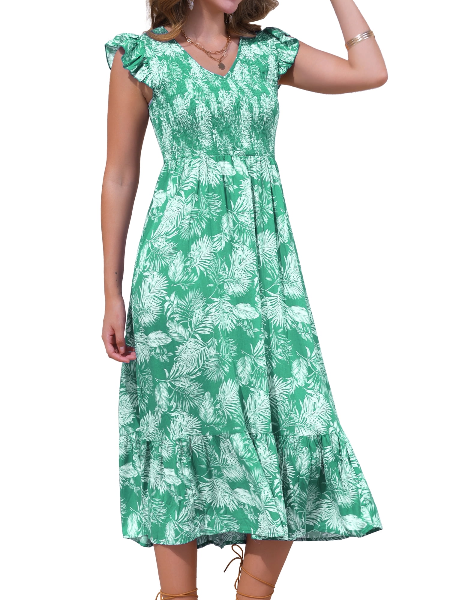 DARING DIVA Ruffle Sleeve V Neck Short Sleeve Printed Casual Midi Dress XS Green