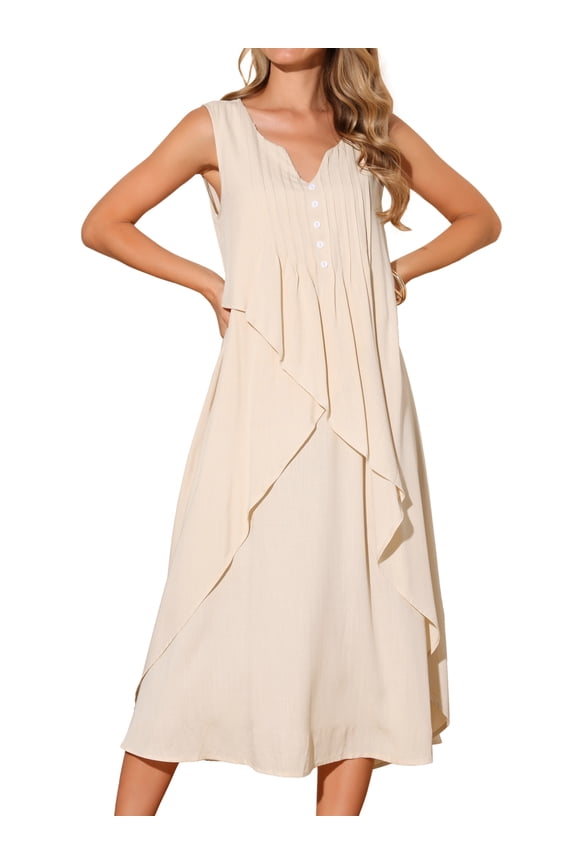 Ruffle Sleeveless V Neck Pleated Flowy Maxi Dress L Apricot
