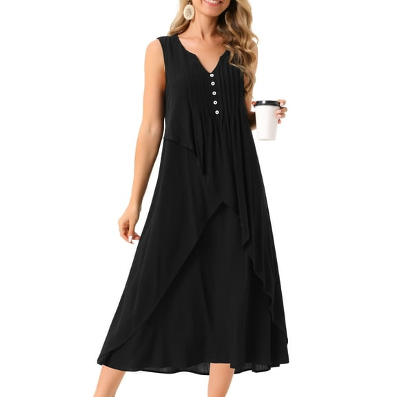 DARING DIVA Ruffle Sleeveless V Neck Pleated Flowy Maxi Dress L Black