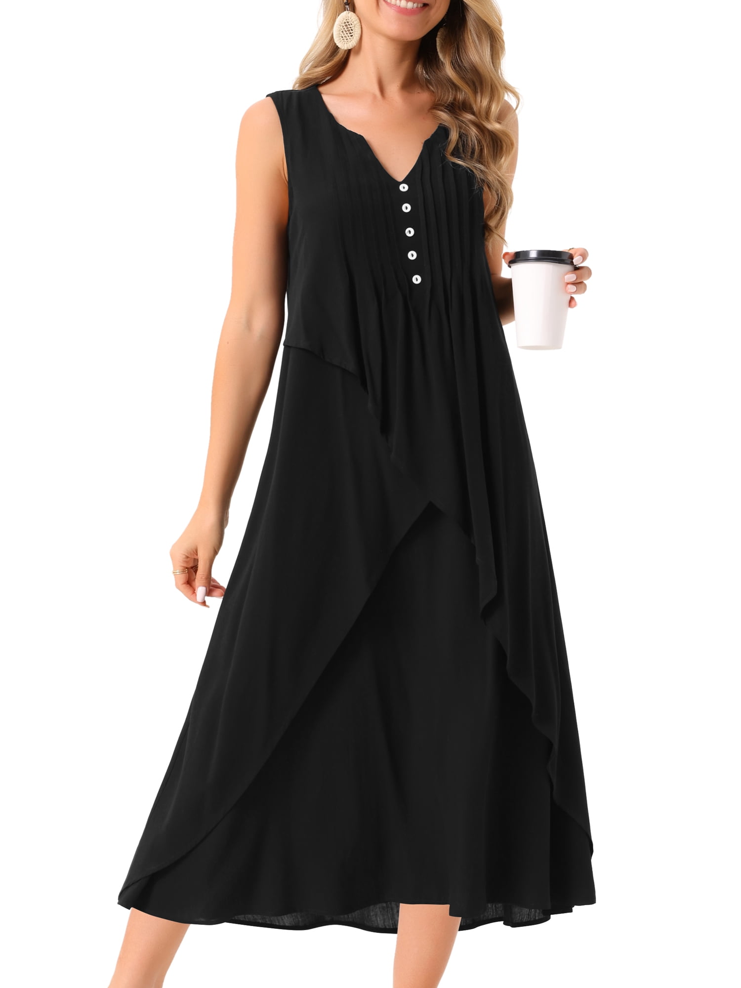 DARING DIVA Ruffle Sleeveless V Neck Pleated Flowy Maxi Dress S Black