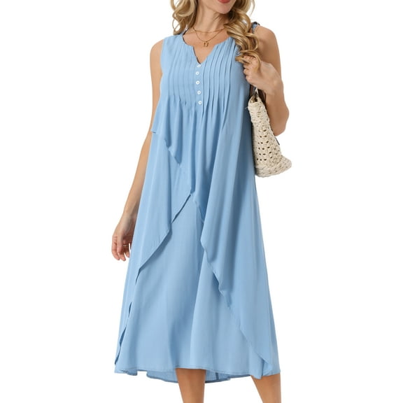 DARING DIVA Ruffle Sleeveless V Neck Pleated Flowy Maxi Dress S Blue