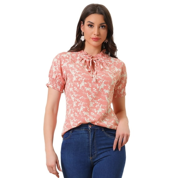 DARING DIVA Ruffle Tie Neck Casual Short Sleeve Blouse L Pink