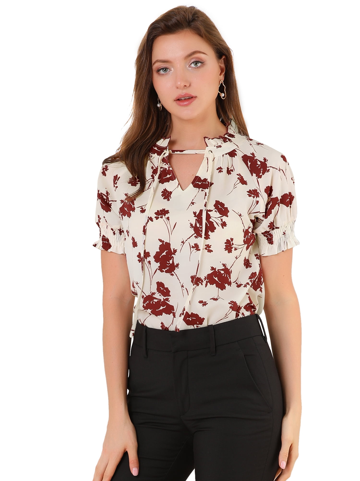 DARING DIVA Ruffle Tie Neck Casual Short Sleeve Blouse M Beige