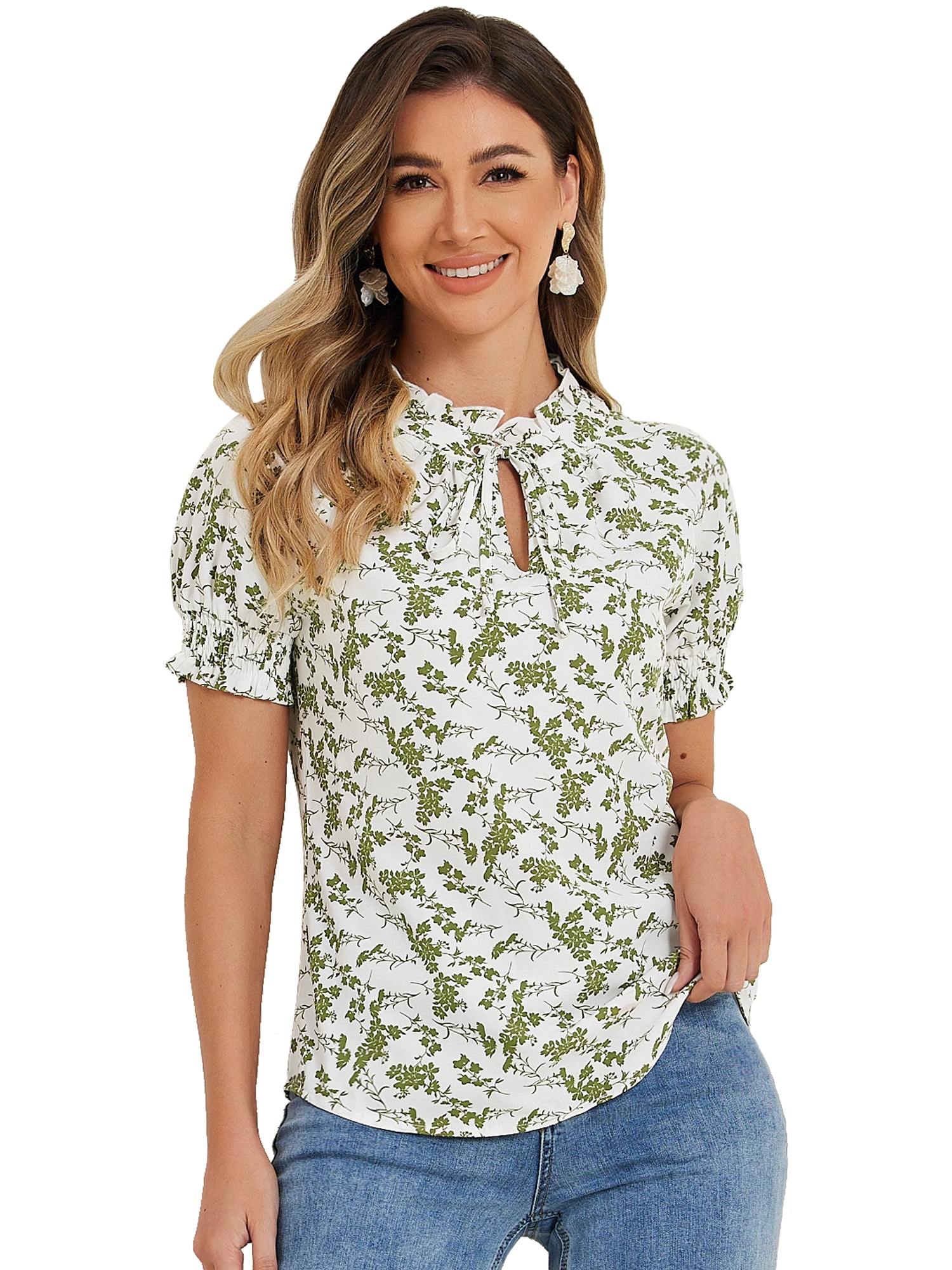 DARING DIVA Ruffle Tie Neck Casual Short Sleeve Blouse M Green