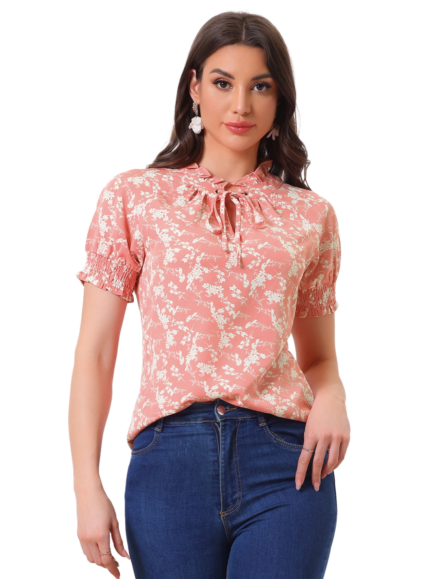 DARING DIVA Ruffle Tie Neck Casual Short Sleeve Blouse M Pink