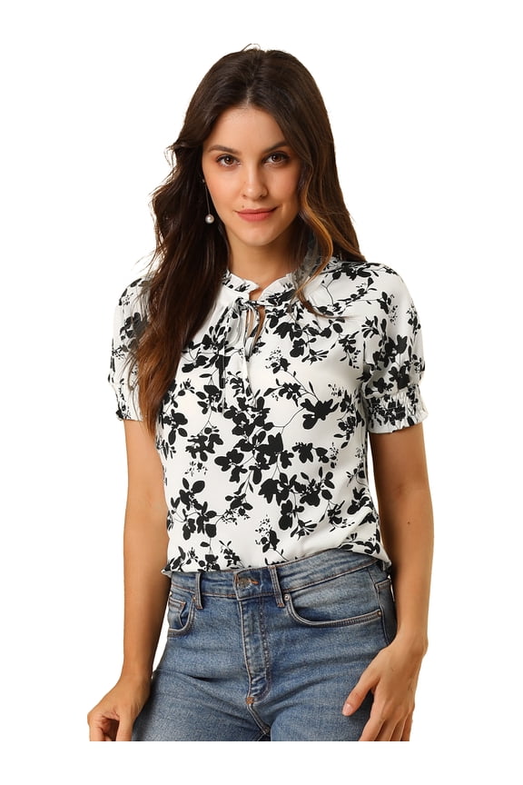 Ruffle Tie Neck Casual Short Sleeve Blouse M White