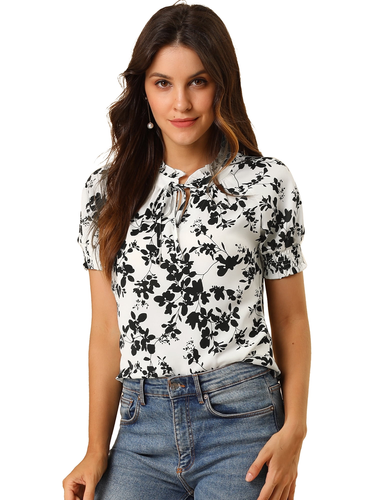 DARING DIVA Ruffle Tie Neck Casual Short Sleeve Blouse XL White