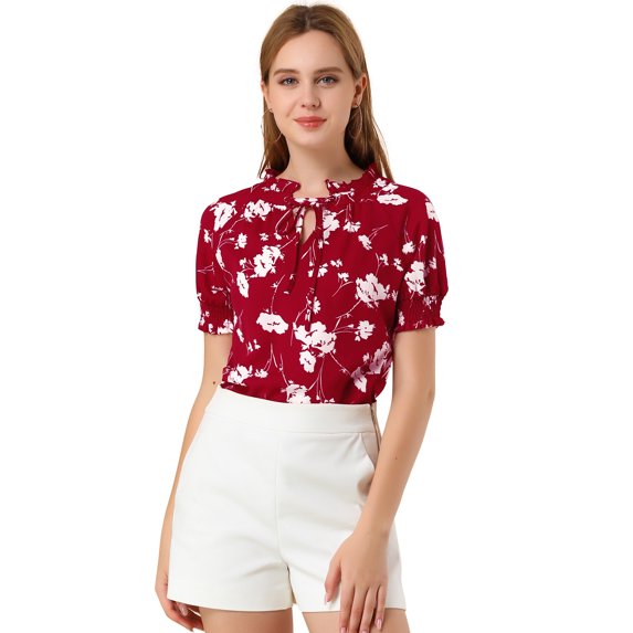 DARING DIVA Ruffle Tie Neck Casual Short Sleeve Blouse XL Wine Red