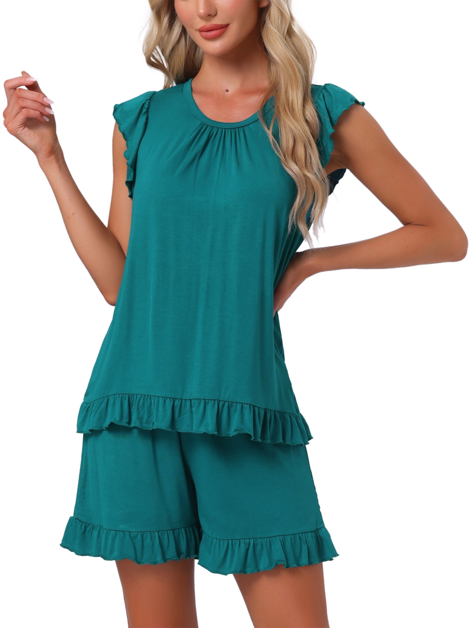DARING DIVA Ruffle Trim Cap Sleeve Lounge Tops Shorts Pajama Sets L Dark Green