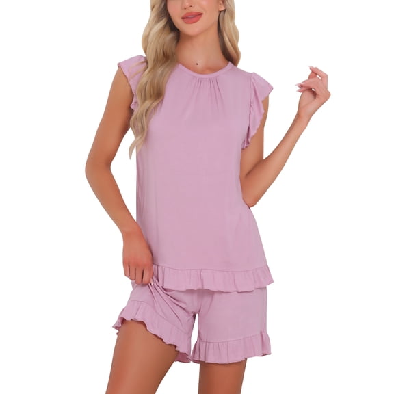DARING DIVA Ruffle Trim Cap Sleeve Lounge Tops Shorts Pajama Sets L Pink