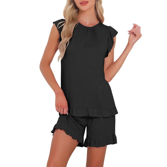 DARING DIVA Ruffle Trim Cap Sleeve Lounge Tops Shorts Pajama Sets S Black