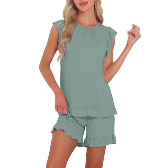 DARING DIVA Ruffle Trim Cap Sleeve Lounge Tops Shorts Pajama Sets XL Green