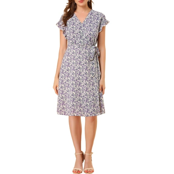 DARING DIVA Ruffle Trim Cuff Self Belt Printed Midi Wrap Dress M Beige-Purple Floral