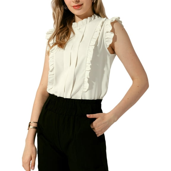 DARING DIVA Ruffle Trim Tank Mock Neck Pleated Blouse S Beige