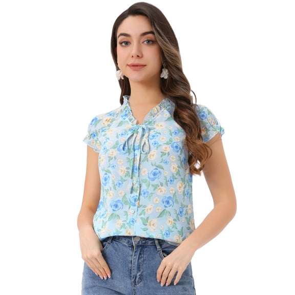 DARING DIVA Ruffle V Neck Cap Sleeve Chiffon Floral Blouses L Sky Blue