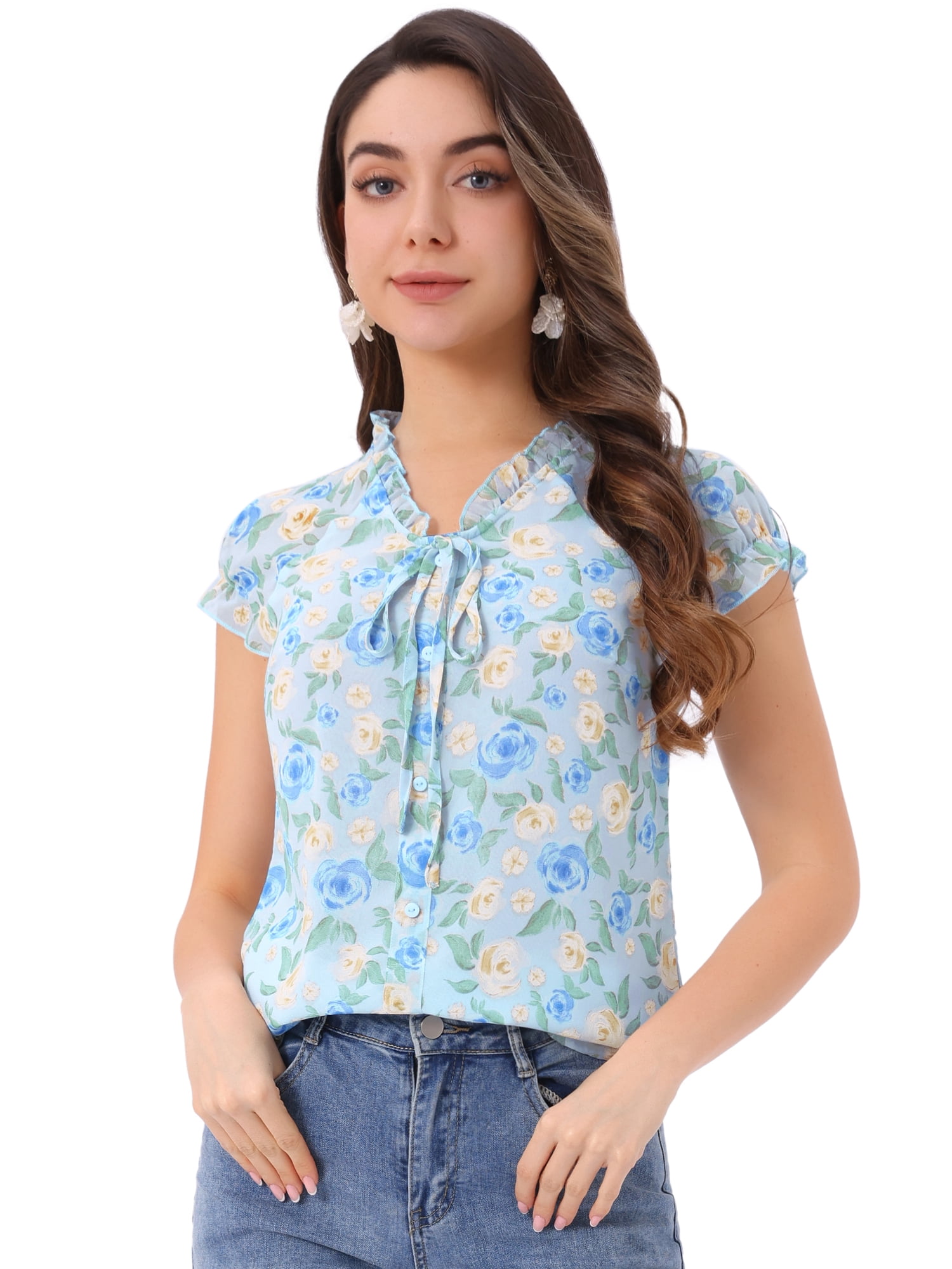 DARING DIVA Ruffle V Neck Cap Sleeve Chiffon Floral Blouses M Sky Blue