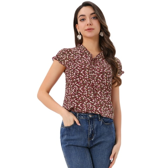 DARING DIVA Ruffle V Neck Cap Sleeve Chiffon Floral Blouses XS Dark Red