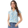 thumbnail image 1 of DARING DIVA Ruffle V Neck Cap Sleeve Chiffon Floral Blouses XS Sky Blue, 1 of 7