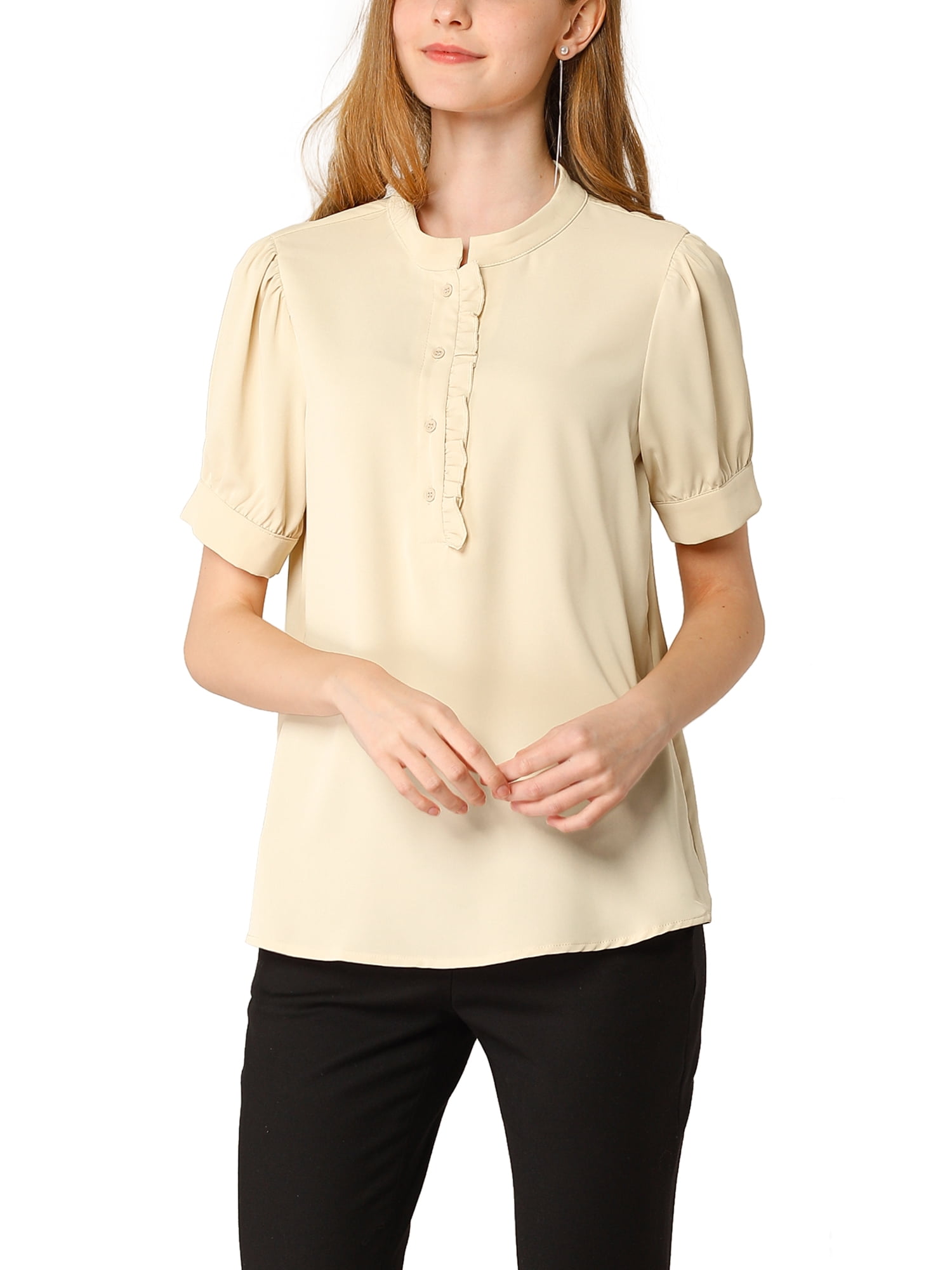 DARING DIVA Ruffled Half Button Placket Short Sleeves Work Top L Apricot