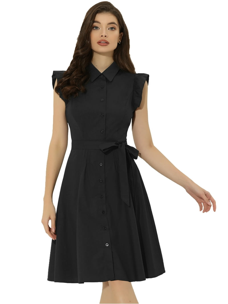 DARING DIVA Ruffled Sleeve Button Down Belted Knee Length Shirt Dress L  Black - Walmart.com