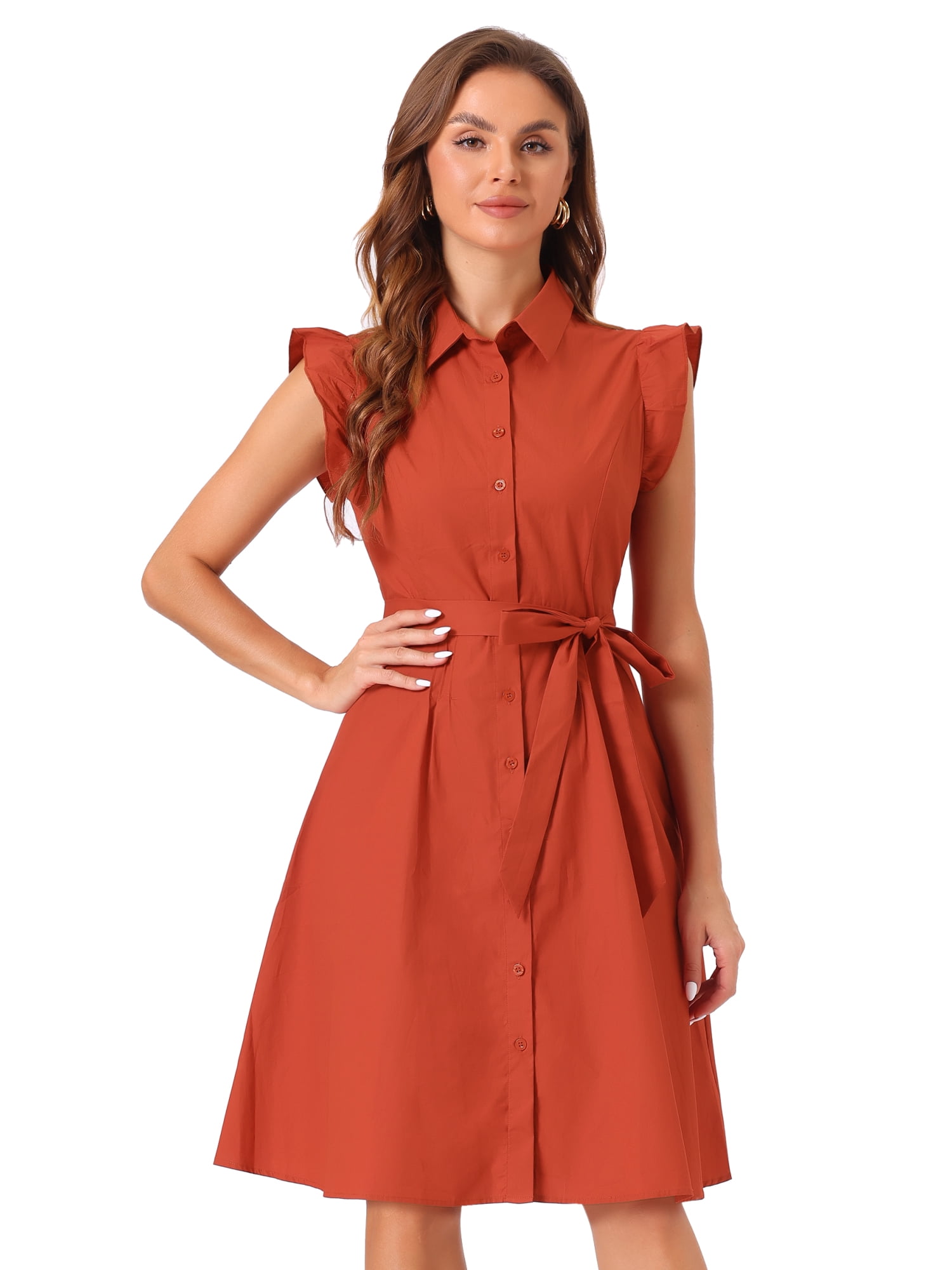 DARING DIVA Ruffled Sleeve Button Down Belted Knee Length Shirt Dress L Burnt Orange