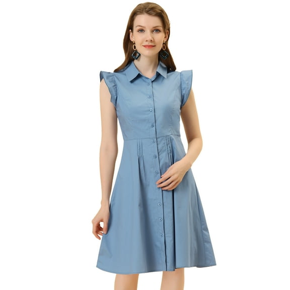 DARING DIVA Ruffled Sleeve Button Down Belted Knee Length Shirt Dress L Dusty Blue